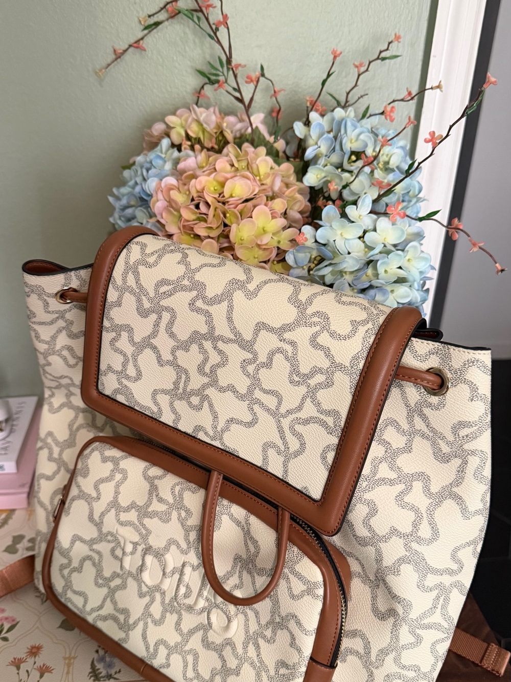 Tous Cream Patterned Backpack with Brown Trim